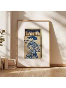Impressão de caixa de fósforos retrô, pôster de livro de fósforos de cowgirl ocidental, fósforos vintage legais de cowboy, arte de parede estética, pinturas em tela azul, pôsteres e impressões, imagens de arte de parede para decoração de sala de estar, moldura opcional - Multicolorido - Ver 1