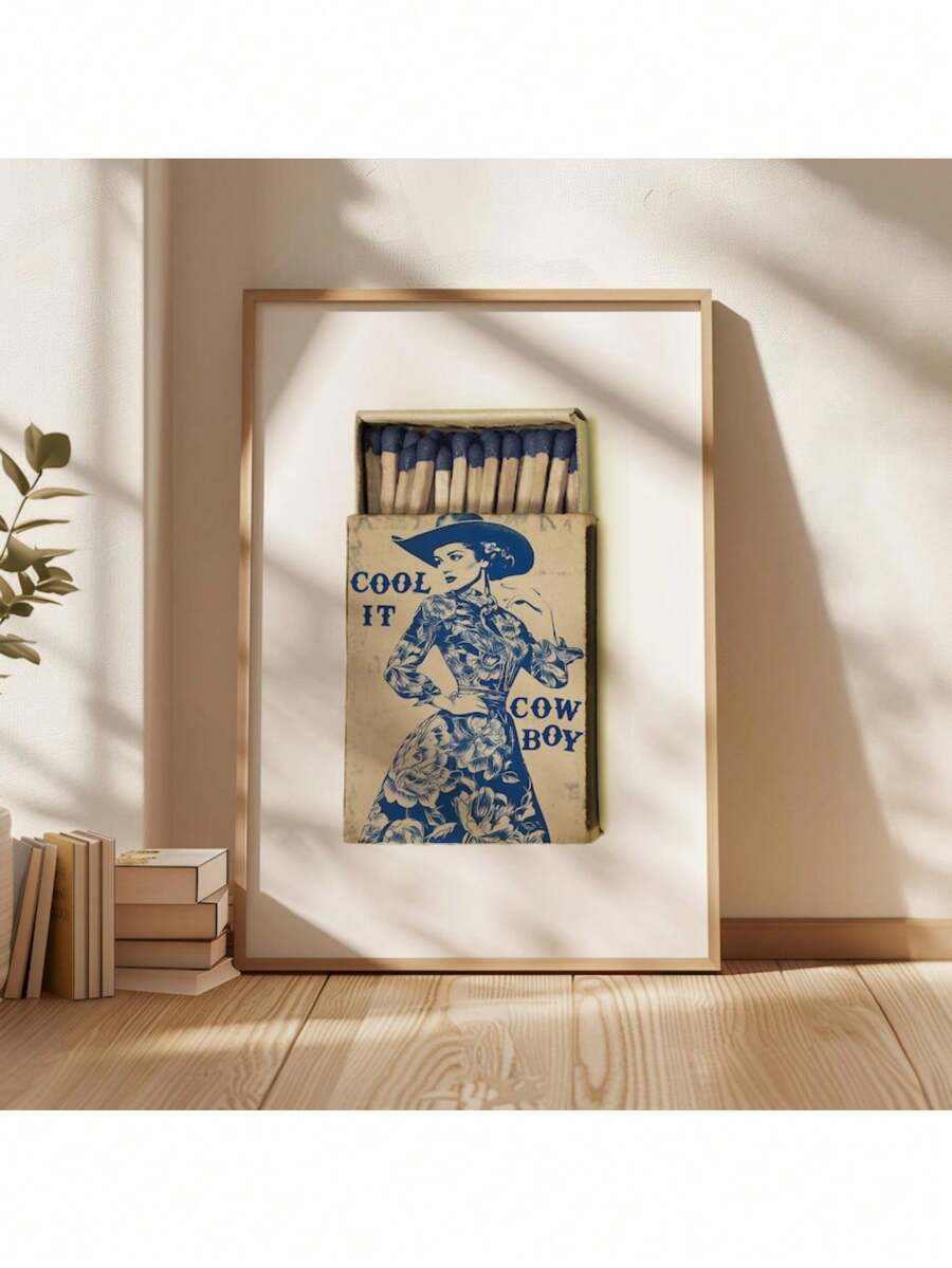 Impressão de caixa de fósforos retrô, pôster de livro de fósforos de cowgirl ocidental, fósforos vintage legais de cowboy, arte de parede estética, pinturas em tela azul, pôsteres e impressões, imagens de arte de parede para decoração de sala de estar, moldura opcional - Multicolorido - Ver 1