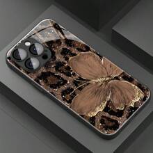 1pc Luxury Butterfly & Leopard Patterned Glass Material Phone Case, High-End Elegant For IPhone