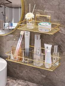 1pc Bathroom Wall Mounted Storage Rack, Metallic Gold Bathroom Organizer Shelf For Vanity, Skincare, Makeup Products, Kitchen Wall Mounted Shelf Back To School Bathroom Accessories - 1 Pack - Golden Large Size - View 6