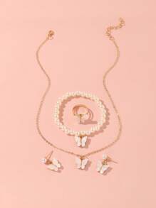 5pcs/Set Girls' Plastic Butterfly Necklace, Pearl Beaded Bracelet, Earrings, Ring Set, Decoration For Daily And Vacation