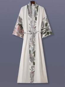 男女通用长款孔雀花卉印花和服罩衫轻薄外套，优雅民族风，适合春季、秋季、休闲、海滩、旅行，宽松披肩长袍罩衫 - 米色 - 查看 2