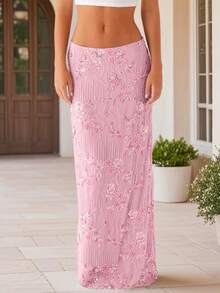 Women Summer Skirt Casual Elegant Sequin Floral Embroidery Long Skirt For Beach Vacation Club Streetwear - 粉色 - 查看 3
