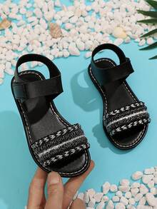 1 Pair Plus Size Black Toddler/Little Girls' Flat Sandals, Featuring Shiny Pearl & Butterfly Decor, Elastic Strap, Round Toe, Non-Slip, Fashionable And Cute Roman Style Sandals Suitable For 3-15 Years Old Girls, Daily, Party, Vacation, Casual Wear, 2025 New Arrival - Black - View 3