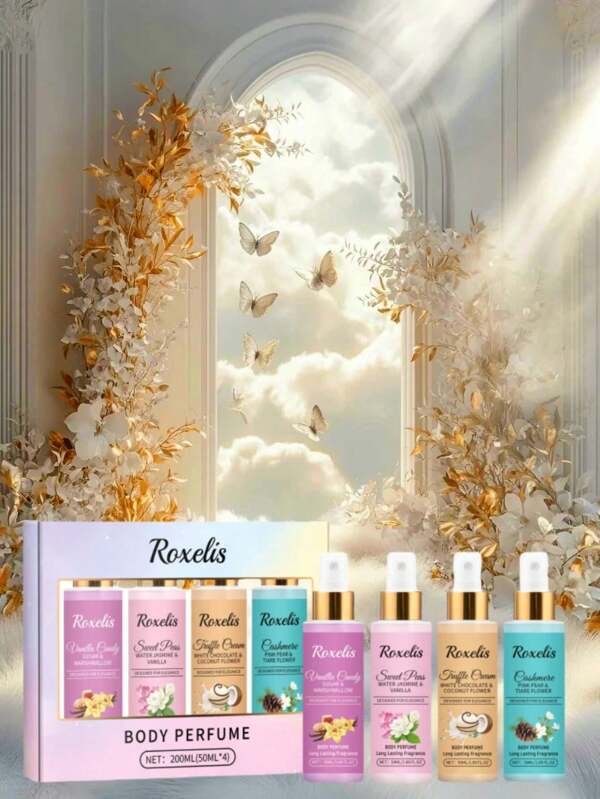 Roxelis 1 set de 4 brumes parfumées pour le corps, parfum fruité frais et durable au quotidien, set de fragrances délicates pour le corps. Vaporisez la brume dans l'air et traversez-la pour répartir uniformément le parfum sur tout votre corps, laissant une odeur agréable et mettant en valeur votre charme personnel. Désodorisant multi-parfums convenant pour un usage domestique.