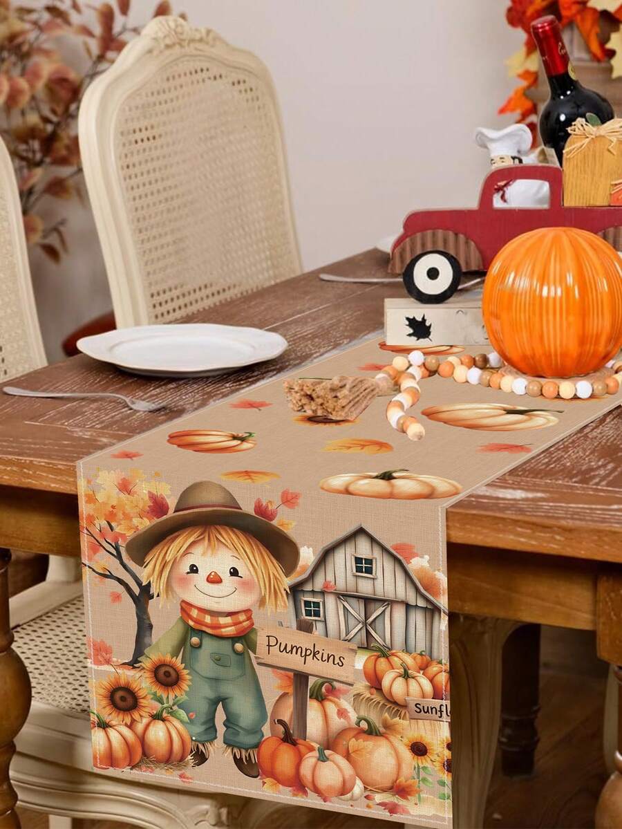 1pc Thanksgiving Linen Table Runner,Festival Autumn Harvest Table Cover,Thanksgiving Day Decor,183*33cm Pumpkin Maple Leaf Scarecrow Design Table Cloth,Fall Seasonal Home Decorations,Party Favors,Home Kitchen Dining Decor, Festival Decor, Seasonal Decor,Birthday Decor,Indoor Outdoor Party Supply - Multicolor - View 1