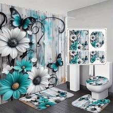 1/3/4 Pcs, Fashionable Minimalist Blue-Green & White Floral Butterfly Bathroom Set - Shower Curtain And Rug Series, Elegant And Practical Home Decor Gift. Bathroom Decor - Multicolor - View 2