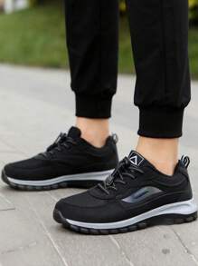 Men's Lightweight Mesh Sneakers, Black Casual Outdoor Shoes For Autumn, Elastic Band Low-Top Flat Black Shoes, Men's Training Shoes, Tennis Shoes, Road Running Shoes