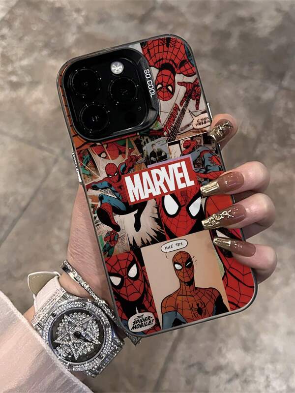 Phone Case Compatible With Apple, Soft Silicone Case With Metal Frame, Cartoon Marvel Spider-Man Design