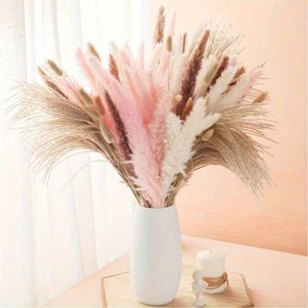 [40pcs Pampas Grass Decor Bundle] Dried Pampas Grass, 40pcs 17 Inch Pampas Grass Decor - 5pcs White Pampas & 5pcs Brown Pampas & 5pcs Pink Pampas & 15pcs Reed Grass & 10pcs Bunny Tail Grass For Home Decor Wedding Boho Decor, Perfect For Winter, New Year,Fall Decor,Autumn