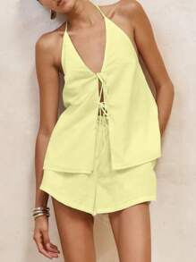 Women's Halter Neck Cami Tops Loose Solid Color Low Cut Open Back Tie-Up Shirt For Party Club