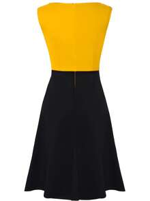 Spring/Summer Semi-Sheer Comfortable Women's Fashion Yellow & Black Contrast Sleeveless Round Neck A-Line Midi Dress Elegant - Yellow - View 4
