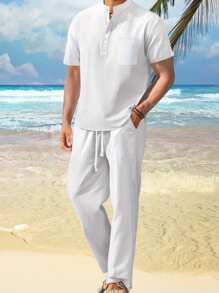 Mens Pants Set Loose Solid Color Short Sleeve Henley Tops Drawstring Pants 2 Piece Causal Outfit
