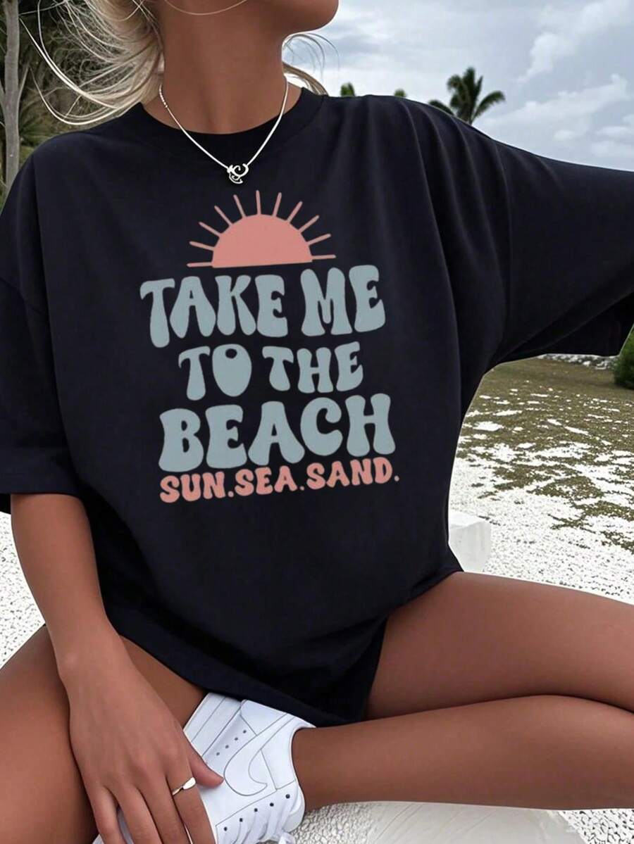 Cotton T-Shirt Girls Casual Print White Crew Neck Short Sleeve T-Shirt Summer Top - màu đen - Xem 1