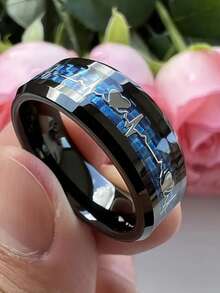 黑色碳纤维心电图镶嵌不锈钢戒指，金色心电图情侣对戒，爱情宣言，男女结婚戒指