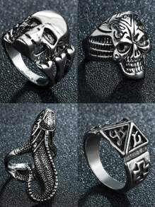 1 Pc Retro Biker Skull Ring For Men Silver Color Punk Gothic Rock Hiphop Open Ring Handmade Designer Jewelry Biker Accessories Gift