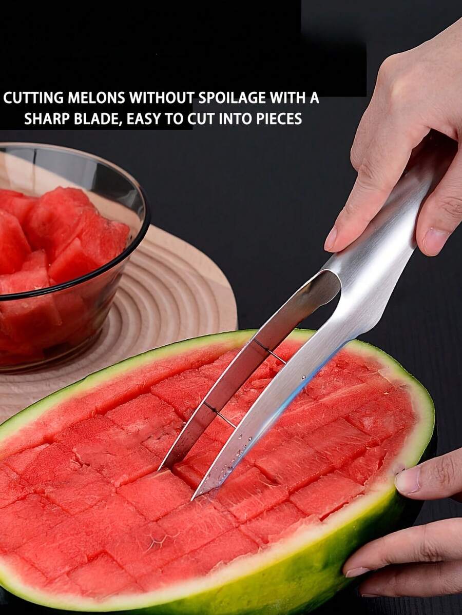 1PC Stainless Steel Fruit Cutter, Watermelon Cutter Slicer, Watermelon Cube Cutter, Cut Watermelon Into Cubes Knife Melon Baller For Kitchen Gadgets - Silver - View 1