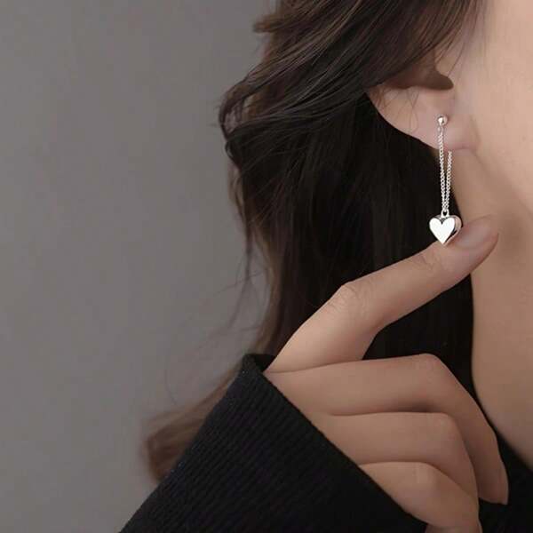 1 Pair/Love Girl Simple Earrings/Heart-Shaped Earrings/Long, With Small, High-End, Sweet Earrings/Cute Peach Heart Earrings, Simple, Elegant And Luxurious, Suitable For Daily Wear By Girls