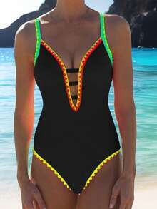 Women Monokini Bathing Suit Patchwork Spaghetti Strap V-Neck Sleeveless Swimsuits Summer Swimwear Bikini - Black - View 2