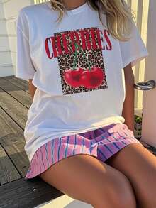 女童休闲豹纹樱桃印花圆领短袖T恤，适合学生夏季穿着，儿童服装 - 白色 - 查看 3