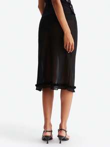 Women Polka Dot Sheer Skirt Mesh See Through Midi Skirts Summer Swimsuit Cover Up See-Through Beach Ruffled Hem Skirt - 黑色 - 查看 6