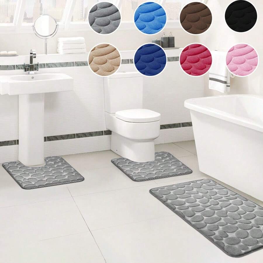Juego de 3 piezas de alfombras de baño de lujo - Súper absorbente, antideslizante, lavable, alfombras de baño de poliéster con diseño de rayas en relieve, suave y cómodo, adecuado para bañera y área de ducha, alfombra de baño tejida, decoración de habitación, accesorios de baño, decoración de entrada, decoración de baño y cocina - 3 piezas de piedra en relieve - Ver 1