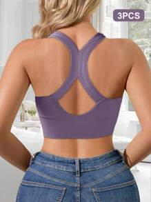 3 pièces Soutien-gorge de sport à fermeture éclair frontale pour femmes, confortable et respirant avec coussinets de poitrine, sous-vêtements de fitness et de yoga