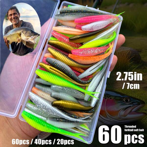 60pcs/ 40pcs/ 20pcs Premium Mixed Color Soft Fishing Soft Lure Set 2.75in/ 7cm Artificial Lure With Realistic Fish Design, V-Shaped Colored Striped Tail, Perfect For Bass And All Fish, It Is An Ideal Gift For Anglers, A Must-Have For Anglers