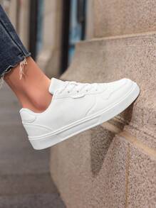 Unisex White Lace-Up Casual Sneakers, Minimalist Patchwork Design Skateboard Shoes, Versatile For Daily, Sports, Campus & Street Wear, Couple Style
