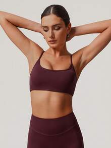 Sodalemon 女士健身露背直筒瑜伽训练运动文胸 - 酒紅色 - 查看 6