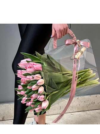 2 piezas Bolsas de mano de PET transparente con película doble para ramos de flores de vacaciones, bolsas de regalo transparentes, empaques sencillos de flores de para redes sociales