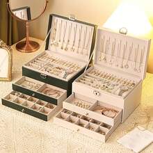 經典珠寶盒收納盒，3 層珠寶收納盒，帶 2 個抽屜，帶手柄的珠寶收納盒，大容量收納盒，可拆卸珠寶托盤，13.7 x 17.2 x 23.2 厘米，珠寶收納盒，送給媽媽的禮物，禮物之選，白色，黑色，墨綠色