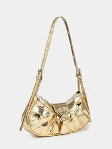 Novachic, 1pc Crocodile Pattern Golden Vintage Rivet Decor Pleated Snap Closure Adjustable Shoulder Strap Women Shoulder Bag Crossbody Bag Suitable For Daily Use , Gold Bag - Gold - View 2