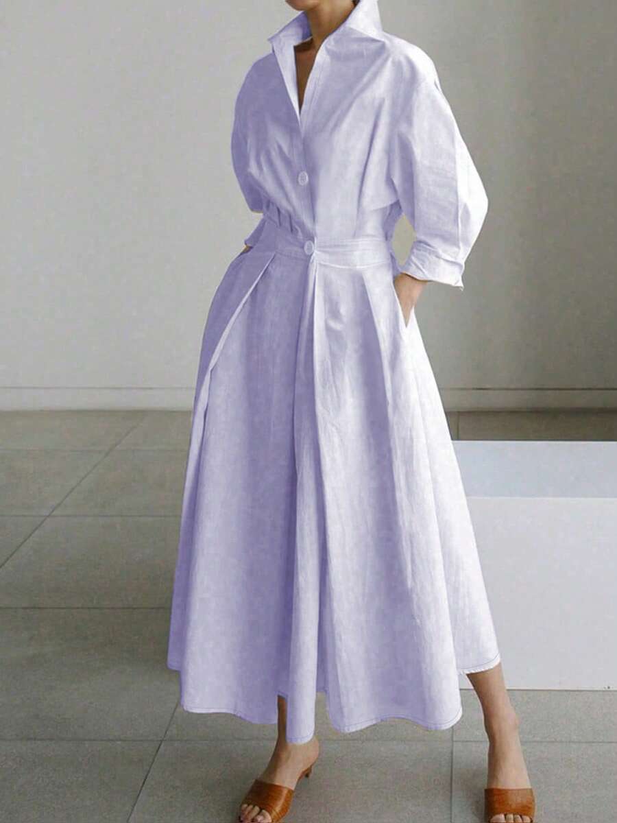新款春夏V领收腰纽扣装饰连衣裙，通勤款 - 淡紫色 - 查看 1