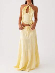Y2k Maxi Skirt Set For Women Backless Lace Halter Top And Pleated Flowy Skirt Sets Beach Sheer Dress Summer 2 Piece Outfit Beach Set - 黃色 - 查看 2