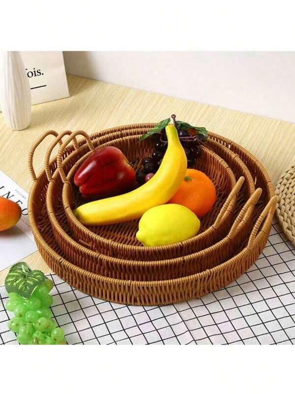 S/M/L Handwoven Faux Rattan Bread Baskets, Japanese Style Buns Trays, Living Room Storage Woven Tray With Handles