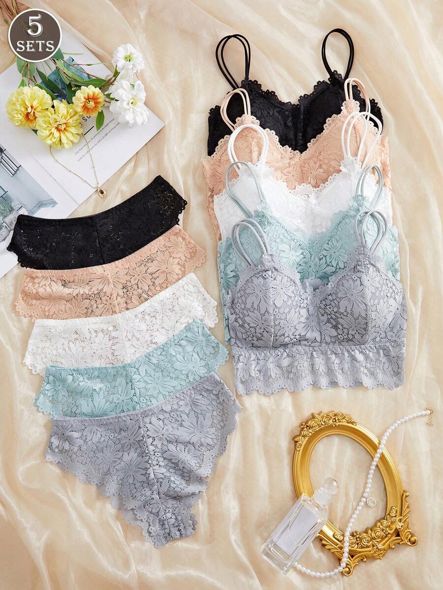 5SETS Ladies Lace Tube Top Suspender Briefs Suit, Equipped With Chest Pad, Anti-Exposure Bra Vest, Comfortable Rimless, Thin Shoulder Strap Bra Underwear Suit.