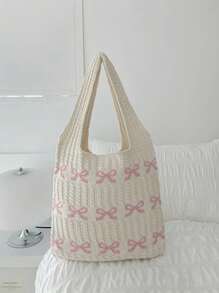 Colorblock Bow Design Crochet Tote Bag, Large Capacity Multi-Function Commuter Knit Hobo Bag, Fashion Women's Casual Shoulder Bag, Y2K Gifts, Vacation, Beach Bag, Mother's Day & Wedding/Bridesmaid Gifts