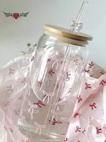 1 Set 16oz Transparent Coffee Mug With Bow Pattern, Includes Bamboo Lid & Straw, Large Capacity Outdoor Travel Portable Drink Juice Cup, Suitable For Summer And Winter, Birthday Party Holiday Gift, Christmas Present