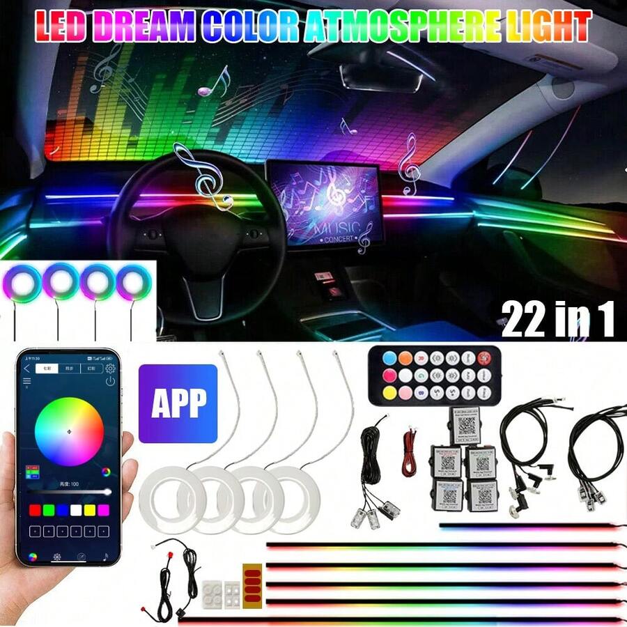 6/10/14/18/22 In 1 Car Interior Symphony RGB LED Ambient Light Stripes Atmosphere Lighting DIY Acrylic Guide Fiber Optic Light Music Sync APP/Remote Control - 22 In 1 Kit - View 1