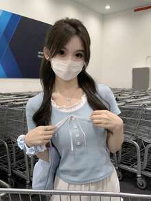 新款修身撞色二合一甜美短袖T恤 - 藍色 - 查看 3