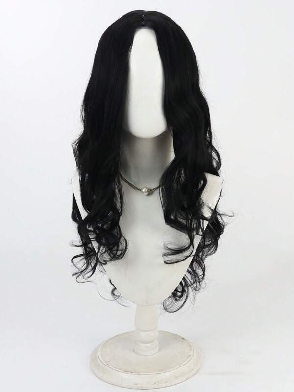 22inch Black Mid-Length Curly Middle-Parted Realistic Hairline Synthetic Wig, Suitable For Costumes, Parties, Role-Playing, Halloween, Thanksgiving, Christmas, Christmas Eve, Daily Wear, 1pc Wig Cap
