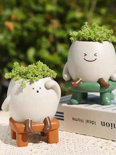 1pc Glossy Swing Smiling Face Planter Pot Head, Small Hang Indoor Outdoor Plants, Schattige Flower String Of Pearls Plant Live, Happy Resin Succulent Home Vase Room Glass view 3