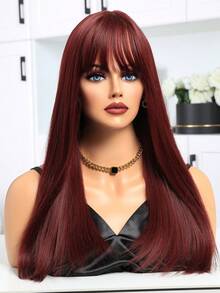 24 英寸优雅酒红色儿童刘海假发，直发耐热合成发，高温纤维时尚长假发 - 酒紅色 - 查看 3