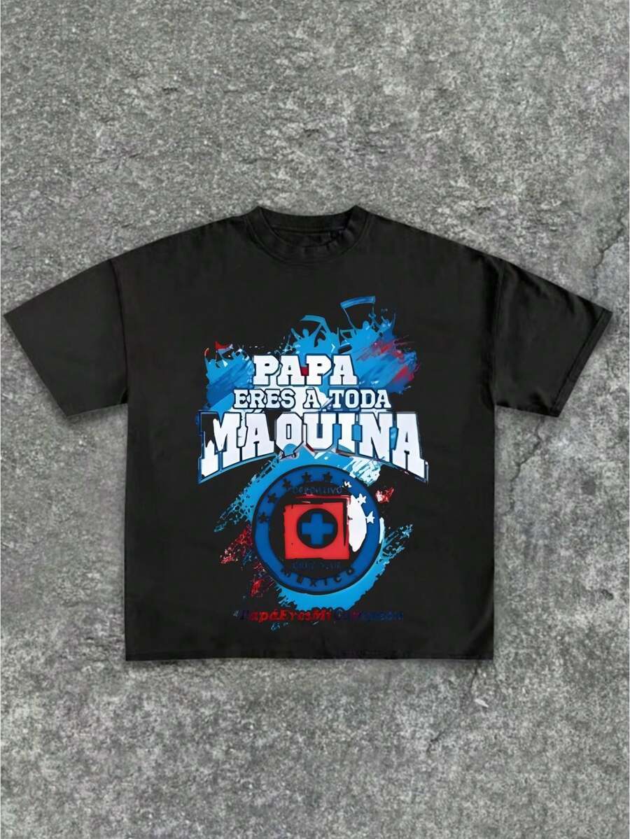 Camiseta casual para hombre con estampado gráfico temático "Papa Eres A Toda Maquina" - Camiseta de algodón puro de 220 g/m², de manga corta y suave - Negro - Ver 1