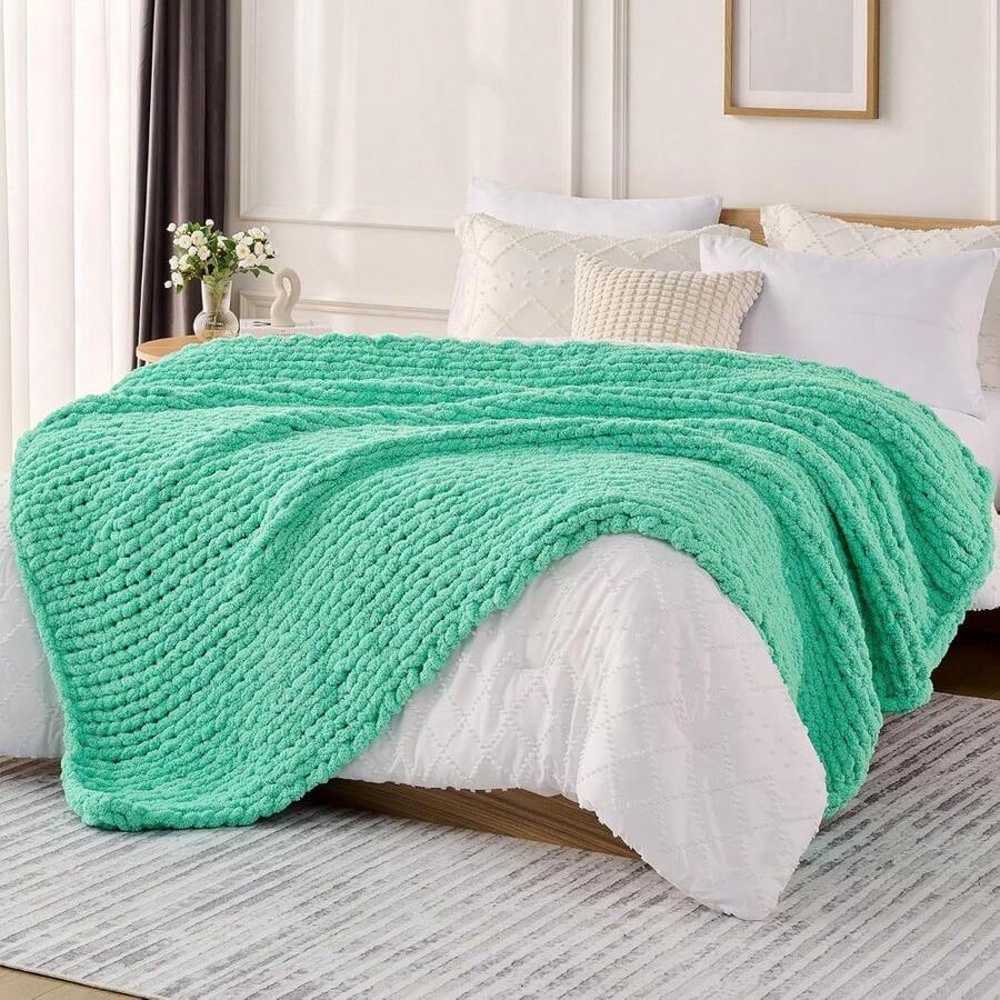 Chunky Knit Blanket - Soft Chenille Yarn Throws 40x50: Handmade Thick Cable Crochet Blanket - Large Chunky Yarn Rope Knot Throw For Couch, Sofa, Bed Home Decor - 水藍色 - 查看 1
