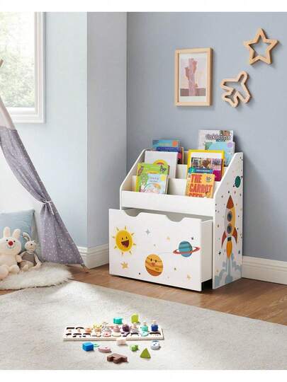 Kids Bookshelf And Toy Organiser, Toy Storage Chest And Bookcase With 3 Shelves, Storage Box With Wheels, Multipurpose, For Children's Room And Playroom, White