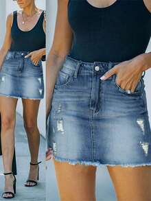 Falda de lápiz vaquero elástica femenina cintura alta y falda corta vaquero corrugada delgada - mini falda casual desgastada lavada con agua retro - Azul lavado medio - Ver 4