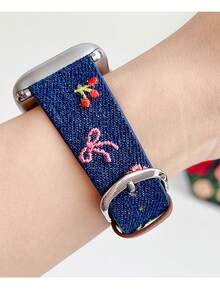 1pc Women's Embroidered Bows, Flowers, Cherry Washing Denim Leather Watch Strap Compatible With Apple Watch Band 38mm 40mm 41mm 42mm 44mm 45mm 49mm S10 42mm S10 46mm, Stylish, Cute,,Comfortable Replaceable Band Compatible With Iwatch Series 11 Ultra 3 SE3 Ultra 2 S10 SE2 9 8 7 SE 6 5 4 3 2 1 - Royal Blue - View 4