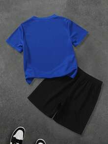 Bộ 2 món/bộ áo phông và quần short in chữ thể thao & thiết kế lưới thoáng khí khô nhanh màu xanh cho bé trai, thời trang mùa hè - Màu xanh lam - Xem 7